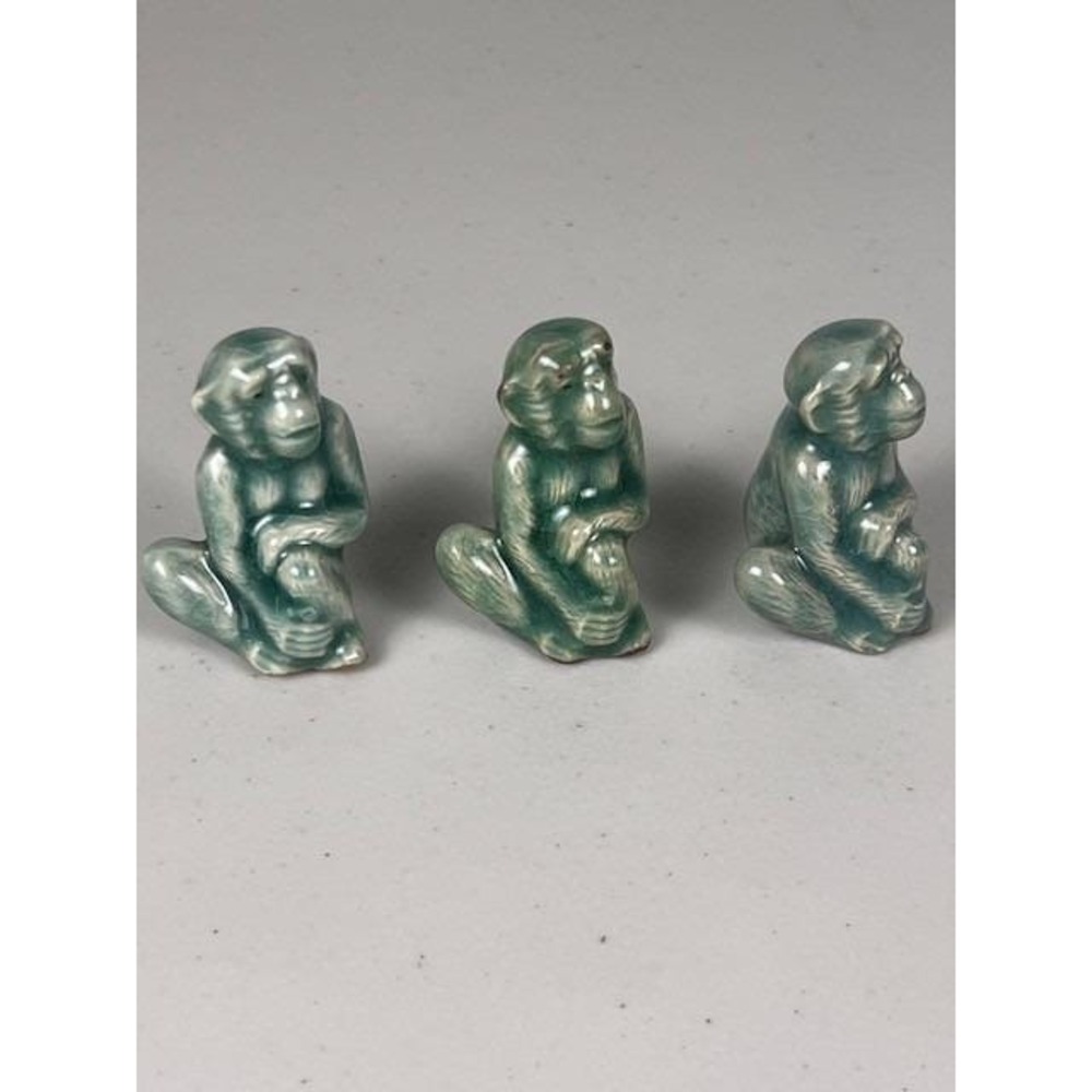 Set of 3 Celadon Green Glaze Monkey Chimp Figurines